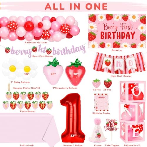 Kriyokiaa Berry First Birthday Decor Strawberry 1st Birthday Decorations for Girls with Balloon Arch, Highchair Banner Strawberry Theme Backdrop, Photo Banner, Cake Topper - Image 2
