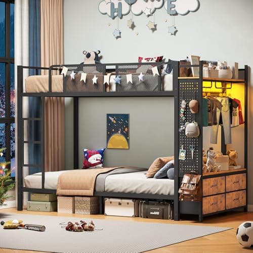 Itaar Metal Bunk Bed Twin Over Twin with Hall Tree, Power Outlet, LED Bunk Bed with 4 Storage Drawers, Bed with Safety Guardrail & Ladders, No Box Spring Needed, Easy Assembly, Rustic Brown - Image 3