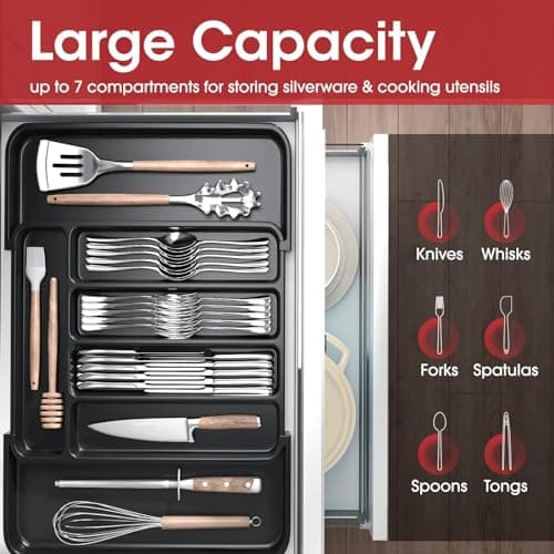 Aujen Silverware Organizer - Expandable Kitchen Drawer Organizer, Adjustable Utensil Organizer, Cutlery Tray for Forks, Knives, Multipurpose Kitchen Organizers and Storage Solution, Black, Medium - Image 3