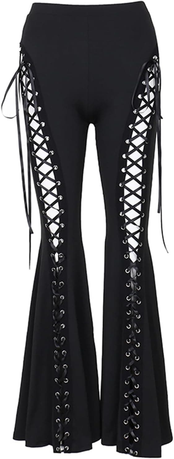 Y2k Bell Bottom Pants for Woman Gothic Black Lace-Up Cutout Stretch Punk Small Black - Image 2