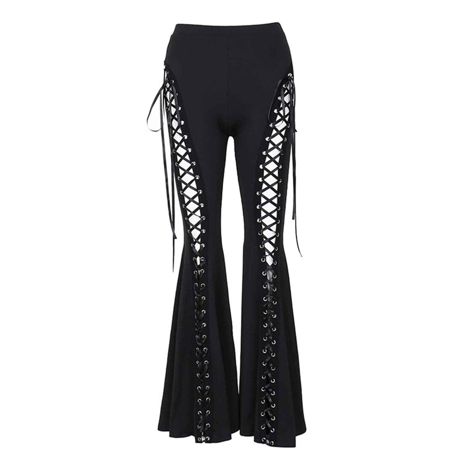Y2k Bell Bottom Pants for Woman Gothic Black Lace-Up Cutout Stretch Punk Small Black