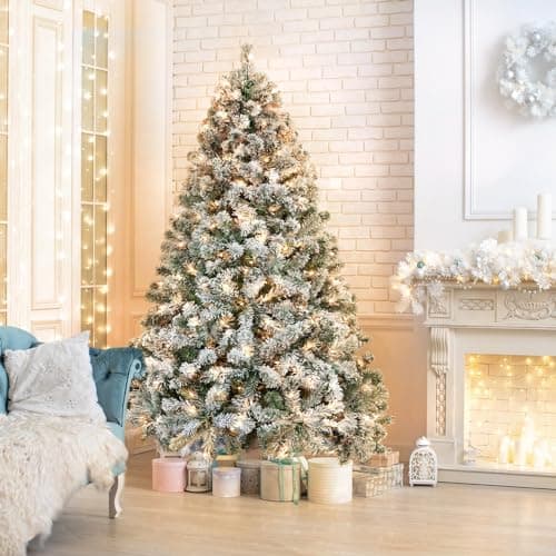 Yaheetech 6ft Pre-lit Artificial Christmas Tree with Incandescent Warm White Lights, Snow Flocked Full Prelighted Xmas Tree W/820 Branch Tips, 250 Incandescent Lights & Foldable Stand, Green & White - Image 4