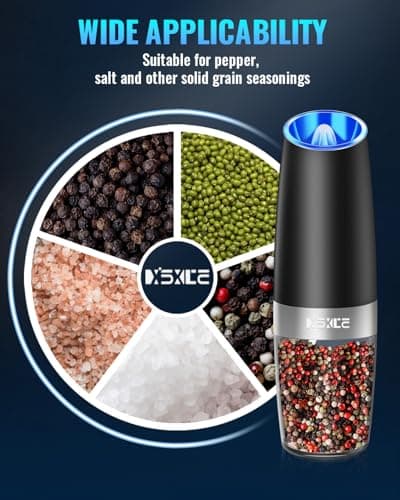 Sweet Alice Gravity Electric Pepper and Salt Grinder Set, Adjustable Coarseness, Battery Powered with LED Light, One Hand Automatic Operation, Stainless Steel Black, 2 Pack - Image 5
