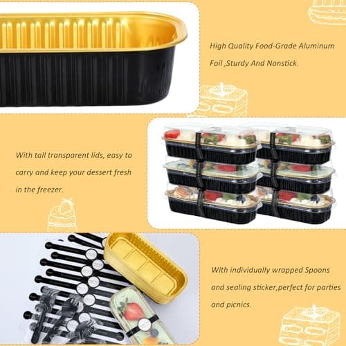 EgticHome Mini Loaf Pans with Lids and Spoons (100 Pack, Black-gold, 6.8oz) Rectangular Aluminum Foil Baking Pans - Image 3