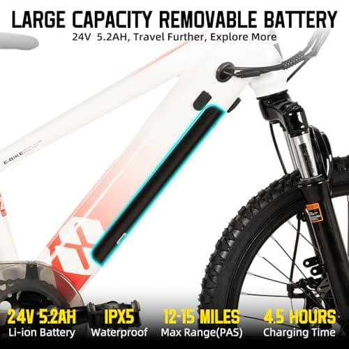 JOYSTAR 20 Inch Electric Bike for Kids Teens 7+ with 250W Brushless Motor, 15 Miles 15MPH Electric Mountain Bicycle with Removable Battery, Safe Mini Ebikes with Dual Disc Brakes, White - Image 3