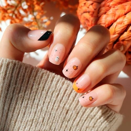 Glamnetic Press On Nails - Tiny Pumpkin | Short Squoval French Tip Fake Nails with Pumpkin Graphics & Glossy Finish, Salon Quality Halloween Nails | 15 Sizes - 30 Nail Kit with Glue