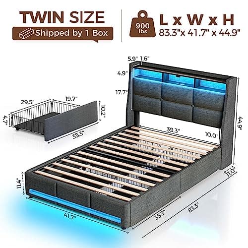 Rolanstar Twin Size Bed Frame with LED Lights and Charging Station, Upholstered Bed Storage Headboard & Drawers, Heavy Duty Wood Slats, Easy Assembly - Image 2
