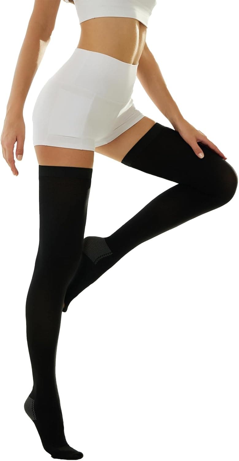 Medical Compression Thigh High Anti Embolism Stockings 15-20mmHg, for Edema, Varicose Veins, Swelling with Inspection Hole, Women & Men Large Black - Image 2