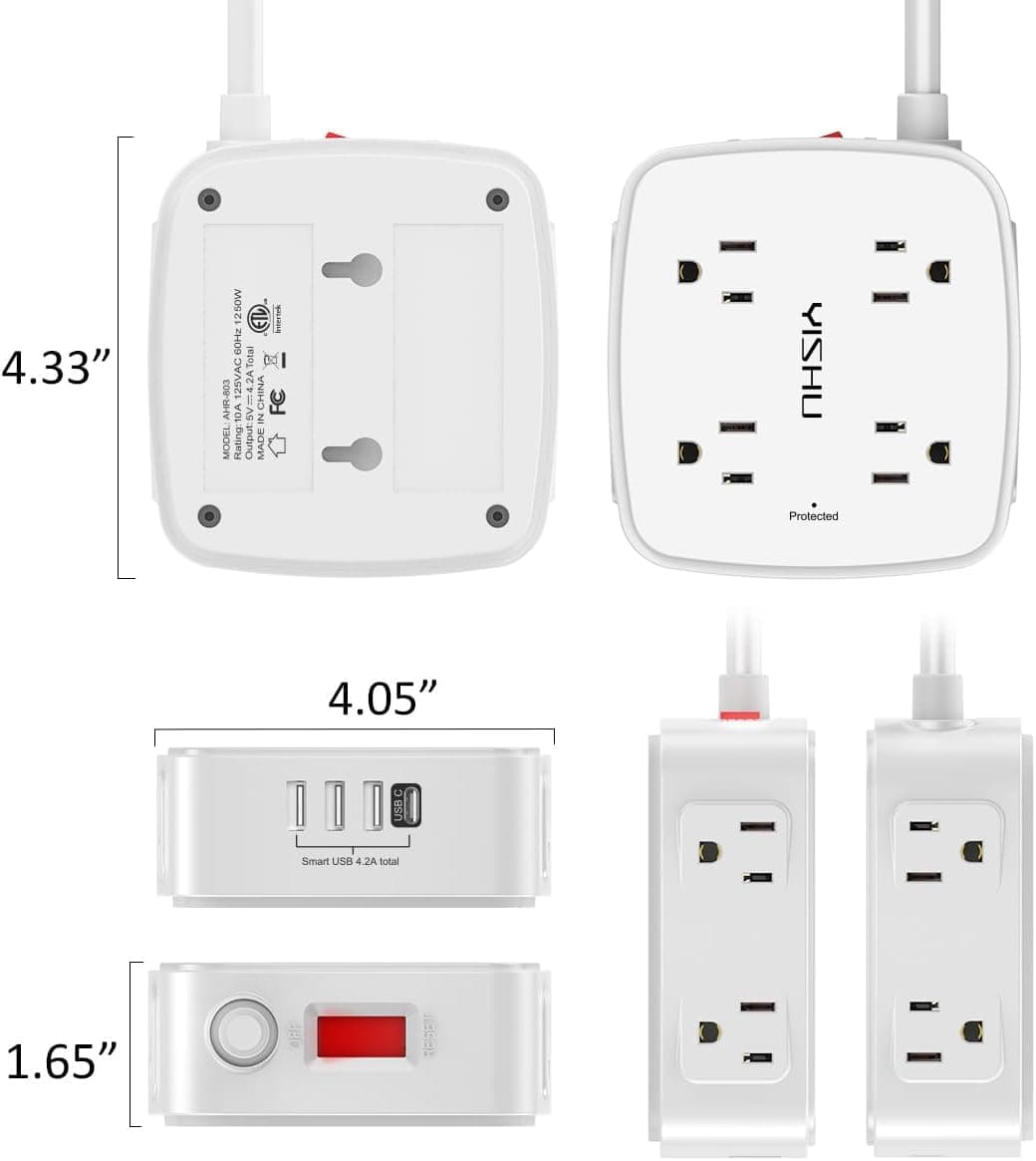 6 Ft Surge Protector Power Strip - 8 Widely Outlets with 4 USB Ports, 3 Side Outlet Extender with 6 Feet Extension Cord, Flat Plug, Wall Mount, Desk USB Charging Station, ETL,White 6 ft (Round Cord) White - Image 8