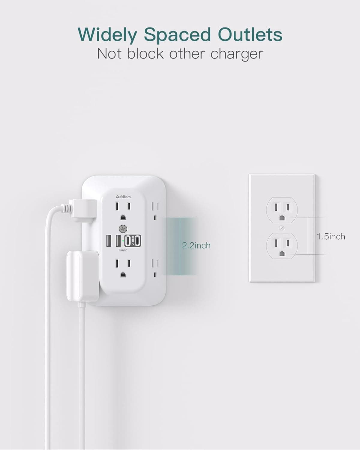 Addtam Surge Protector Outlet Extender, 6-Outlet Splitter with 4 USB Wall Charger(2 USB-C Ports), Multi Plug Wall Outlet 1800J Power Strip for Home Office Dorm Room Essentials 6 AC Outlets, 1 Pack - Image 6