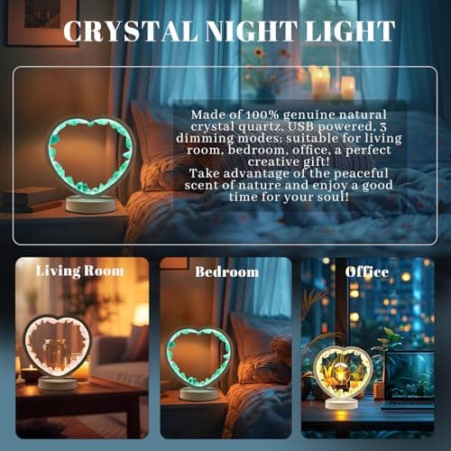 Runyangshi Natural Crystal Night Lamp Heart Shape Bedroom Bedside Sleep Night Light Healing Crystal Gemstone Green Fluorite Light Tri-Color Ambient Light USB Powered for Home Decor Mother's Day Gift - Image 4