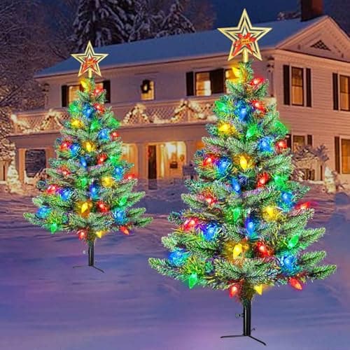 Upgraded Set of 2 Solar Christmas Tree, Outdoor Christmas Decorations,Prelit Xmas Tree w/ 100 LED Multi-color C6 String Lights for Outsdie Holiday Display Yard Front Porch Pathway Grave Cemetery Decor - Image 7
