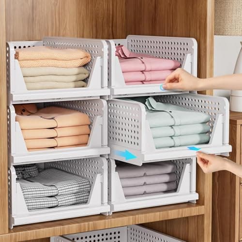 SNSLXH 5 Pack Stackable Closet Storage Basket, Multifunctional & Foldable Closet Organizer for Bathroom Kitchen Laundry Room Wardrobe Storage, Space-Saving Clothes Storage Drawer Organizer, White - Image 2