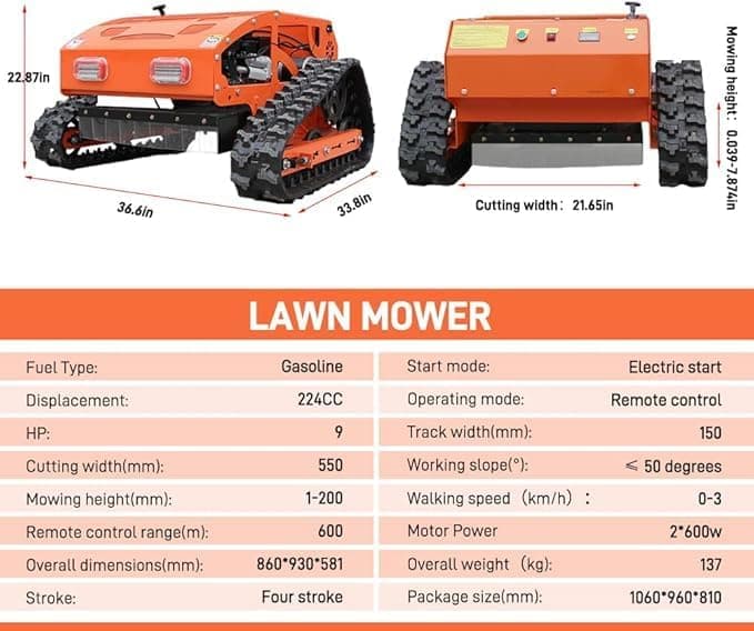300lbs Remote Control Lawn Mower with 9Hp Four Stroke Gasoline Engine, Manganese Steel Blade, Adjustable Cutting Height and Speed, All Terrain Grass Cutter Yard Mower Remote Control (Orange) - Image 3