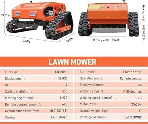 DigSwift 300lbs Remote Control Lawn Mower with 9Hp Four Stroke Gasoline Engine, Manganese Steel Blade, Adjustable Cutting Height and Speed, All Terrain Grass Cutter Yard Mower Remote Control (Orange) - Image 2
