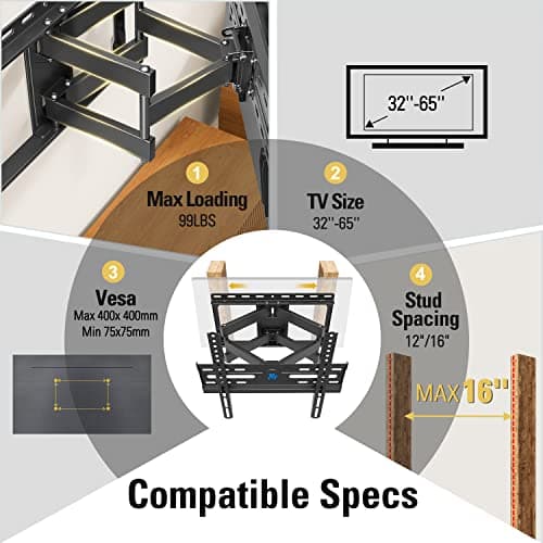 Mounting Dream TV Wall Mount for 32-65 Inch Television,Mount with Swivel and Tilt, Full Motion Bracket with Articulating Dual Arms, Fits 16inch Studs, Max VESA 400X400 mm, 99lbs, MD2380 - Image 7