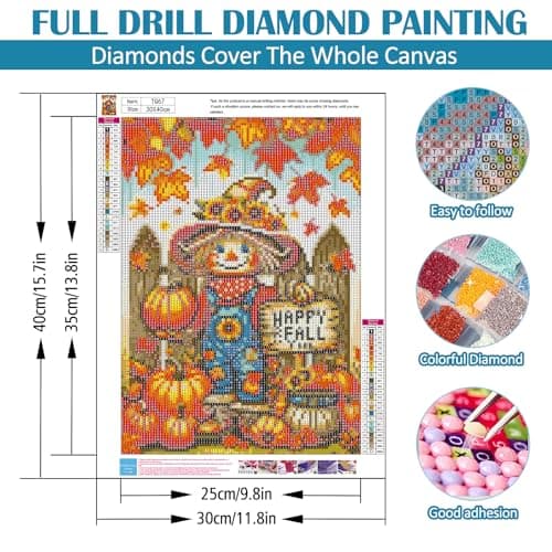 Happy Fall Scarecrow Diamond Painting Kits for Adults, 5D Pumpkin Diamond Art Kits for Adults Beginners, DIY Full Round Drill Diamond Dot Painting Gem Art Kits for Adult,Home Wall Decor 11.8x15.7 Inch - Image 5