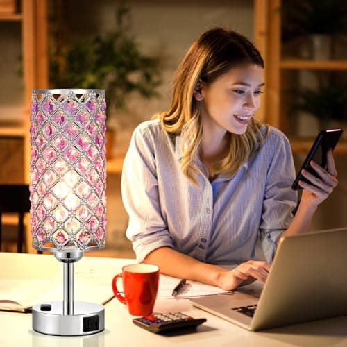 Hong-in Crystal Lamps Set of 2, 3 Way Dimmable Touch Lamp with Crystal Shade, Bedside Nightstand Lamps for Living Room Bedroom Home Office(Purple) - Image 7