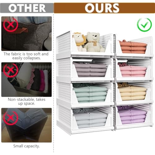 SNSLXH 5 Pack Stackable Closet Storage Basket, Multifunctional & Foldable Closet Organizer for Bathroom Kitchen Laundry Room Wardrobe Storage, Space-Saving Clothes Storage Drawer Organizer, White - Image 3