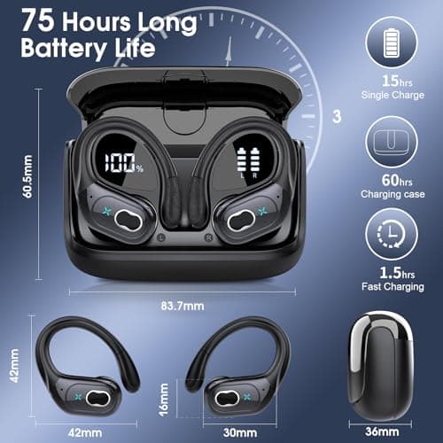 Wireless Earbuds 75hrs Bluetooth 5.4 Headphone Sport, 2025 Bluetooth Earbuds Stereo Deep Bass Over Ear Bud with Earhooks, ENC Noise Cancelling Mic, IPX7 Waterproof Earphone for Workout/Running - Image 4