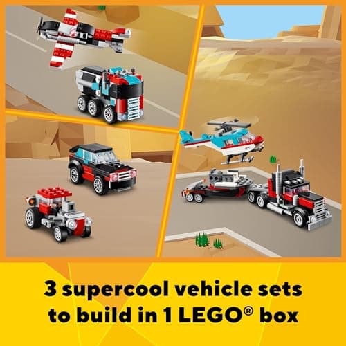 LEGO Creator 3 in 1 Flatbed Truck with Helicopter Toy, Transforms from Flatbed Truck Toy to Propeller Plane to Hot Rod and SUV Car Toys, Gift Idea for Boys and Girls Ages 7 Years Old and Up, 31146 - Image 3