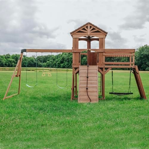 Backyard Discovery Sterling Point Cedar Wood Swing Set with Wave Slide, Raised Clubhouse, Wooden Bridge, Rock Wall, Belt Swings, Web Swing, Trapeze, Balcony, Climbing Wall, Ladder, Outdoor Playset - Image 9