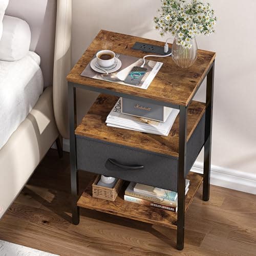 SUPERJARE Nightstand with Charging Station, Bed Side Table with Adjustable Fabric Drawer, Night Stand for Bedroom, 3-Tier Storage End Table, for Living Room, Rustic Brown and Black - Image 2