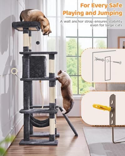 Yaheetech Large Multi-Level Cat Tree, 63 Inches Tall with Sisal-Covered Scratching Posts, Condo, Hammock, Dangling Ball, and Extended Platform for Cats to Play and Sleep - Image 9
