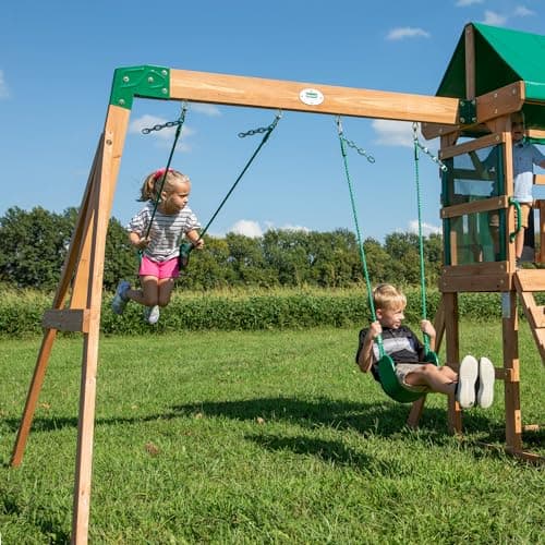 Backyard Discovery Buckley Hill Cedar Wood Swing Set with Wave Slide, Play Deck, Rock Wall Ladder, Belt Swings, Chalkboard, Canopy Roof, Outdoor Playset - Image 5