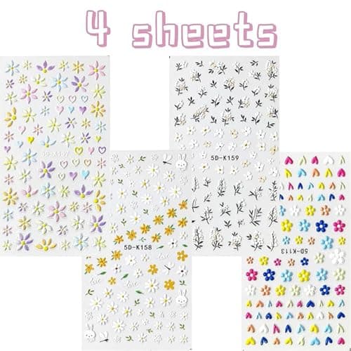 VOTACOS Flower Nail Art Stickers Decals 5D Embossed Nail Decals Spring Summer Daisy Nail Art Design Self-Adhesive Nail Supplies Accessories 3D Flower Nail Stickers for Women Nail DIY Decoration - Image 6
