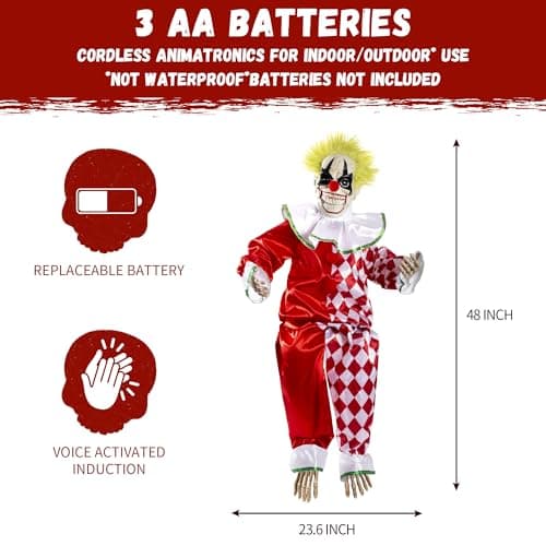 Halloween Animatronic Sitting Clown Decoration–Sound Activated Creepy Clown Prop with Shaking Body, Glowing Eyes & Scary Voice–Indoor/Outdoor Halloween Decor for Yard, Haunted House, Party (48") - Image 3