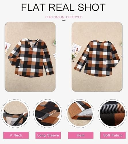 Dokotoo Womens Spring Summer Fall Fashion Casual Ladies Basic Cotton Cuffed 3/4 Long Sleeve Plaid Print V Neck Work Tunic Tops and Blouses Shirts for Women 2024 Orange - Image 5
