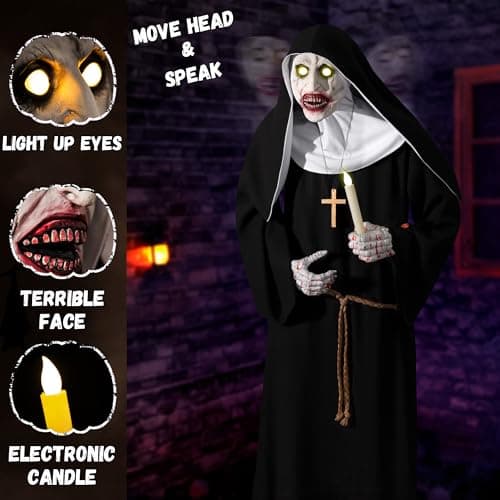 Halloween Animatronics 6ft Nun Animated 72inch Sister Decoration with Motion Sensor Activated, Creepy Sound, Scary Move, Light Up Eyes, Haunted House Spooky Decor Horror Prop for Indoor, Outdoor, Yard - Image 2