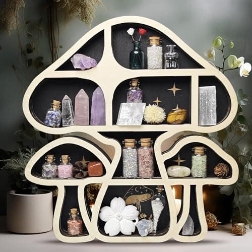 FNYDOX Wooden Mushroom Floating Shelves, Crystal Display Shelf for Wall, Cute Mushroom Wall Decor, Rock Gem Stone Storage Organizer, Essential Oil Holder Hanging Case, Meditation Art Spiritual Gift - Image 5