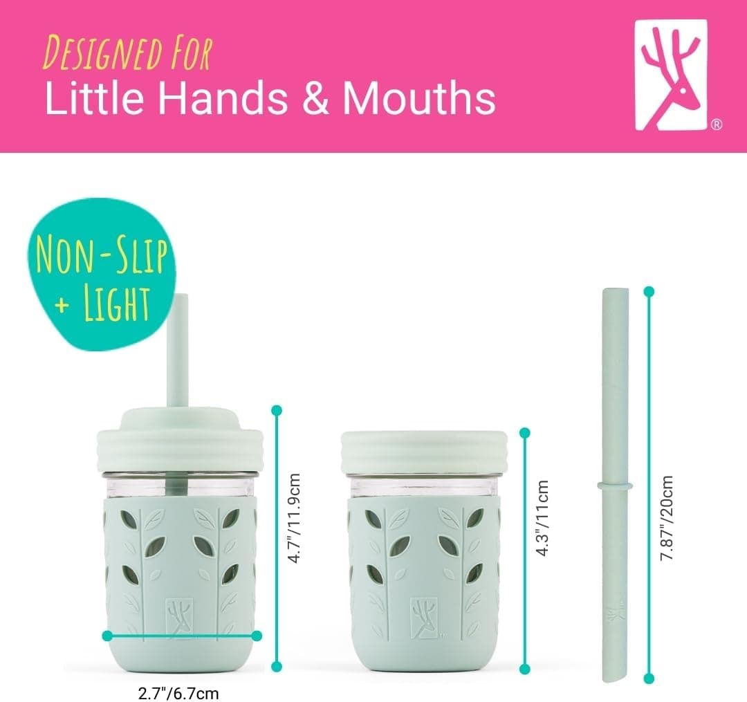 Elk and Friends Kids + Toddler Glass Cups | The Original 8oz Glass Mason Jar with Sleeves + Lids | Silicone Straws + Stopper | Smoothie Cup | Food Storage | Spill Resistant | Dishwasher Safe | 4 Pack Gray/Sage/MistyBlue/Navy 4 Pack - Image 6