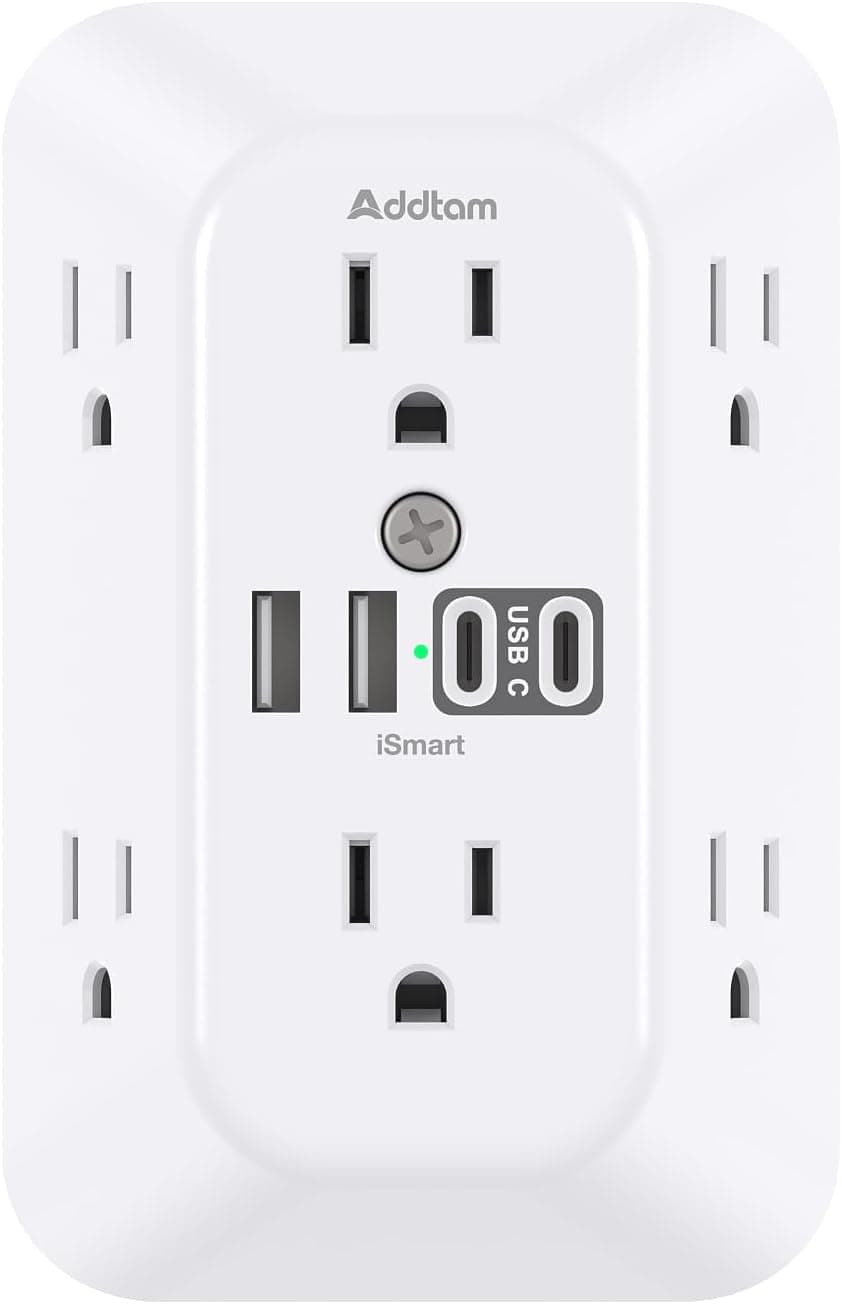 Addtam Surge Protector Outlet Extender, 6-Outlet Splitter with 4 USB Wall Charger(2 USB-C Ports), Multi Plug Wall Outlet 1800J Power Strip for Home Office Dorm Room Essentials 6 AC Outlets, 1 Pack - Image 2