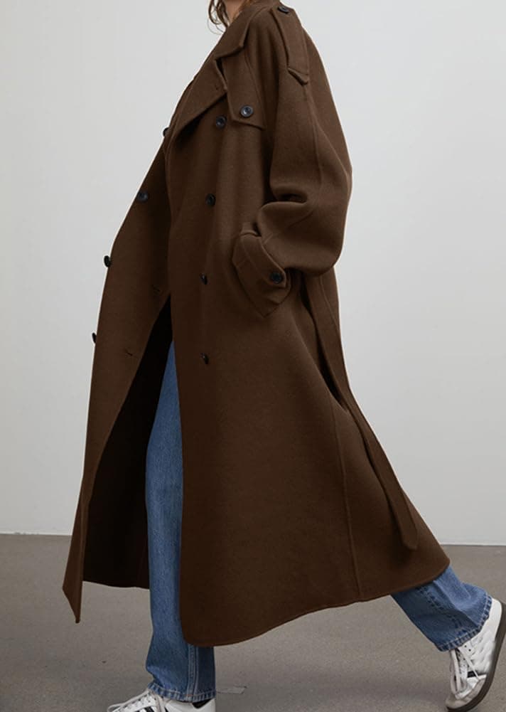 chouyatou Women's Winter Double Breasted Wool Coat Long Sleeve Notch Lapel Midi Long Winter Trench Coat with Belt Medium Brown - Image 4