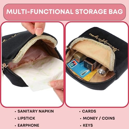 Adorable Pink Peri - Reusable Sanitary Napkin Pads Storage Bag Portable for Women Girls | Soft Touch Velvet with Matching Open Clip Lanyard | Reusable | Zero Waste Period (Black Velvet) - Image 2