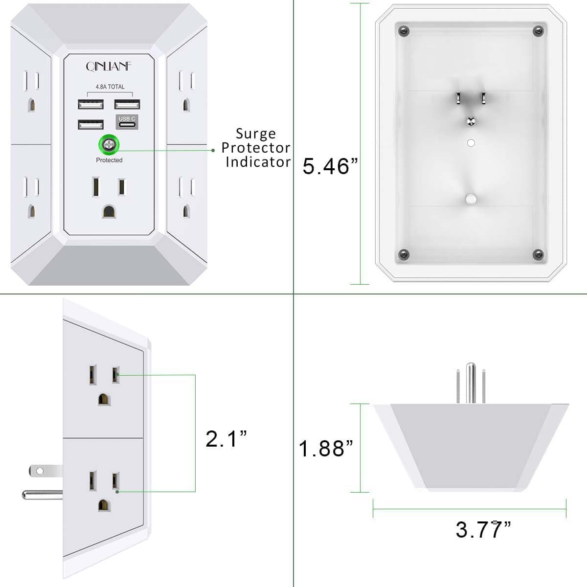 Wall Charger, Surge Protector, QINLIANF 5 Outlet Extender with 4 USB Charging Ports (4.8A Total) 3-Sided 1680J Power Strip Multi Plug Adapter Spaced for Home Travel Office (3U1C) 3U1C White - Image 8