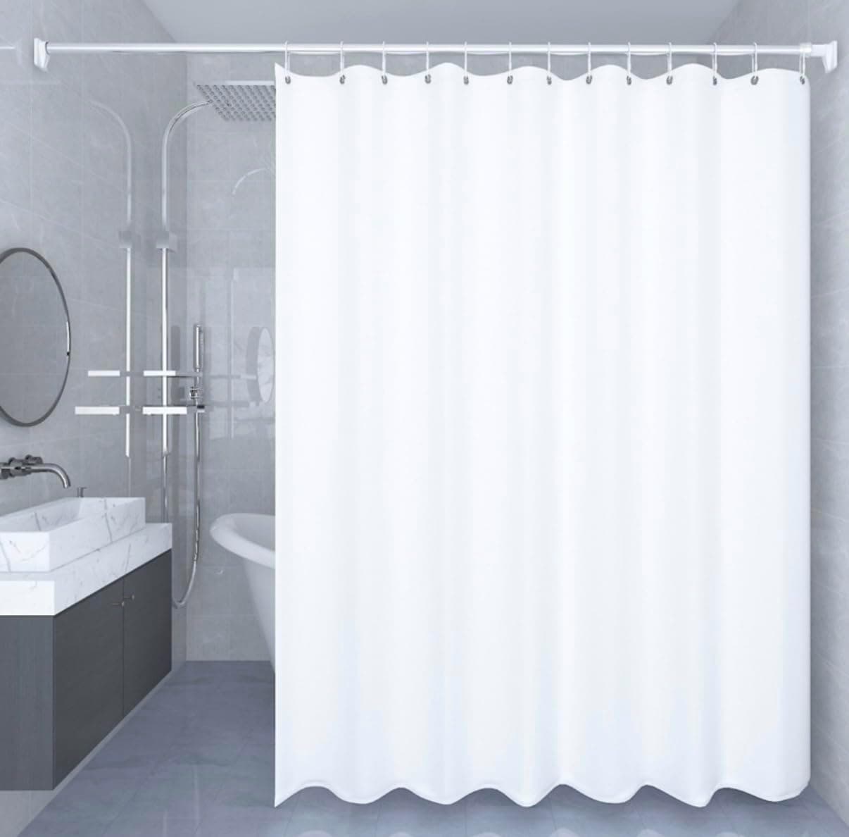 White Shower Curtain with Hooks, Waterproof Fabric 72x72