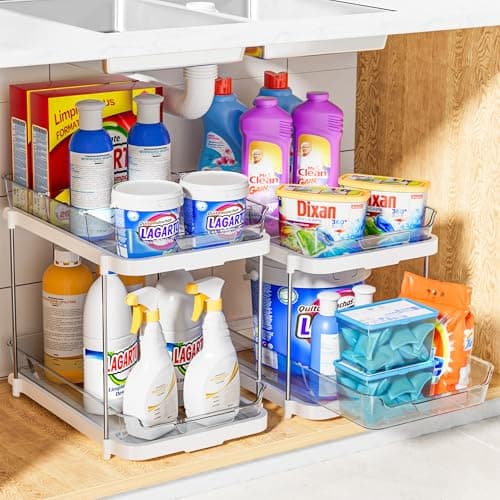 Delamu 2 Sets of 2-Tier Multi-Purpose Bathroom Under Sink Organizers and Storage, Stackable Kitchen Pantry Organization, Pull Out Medicine Cabinet Organizer with 8 Movable Dividers - Image 8