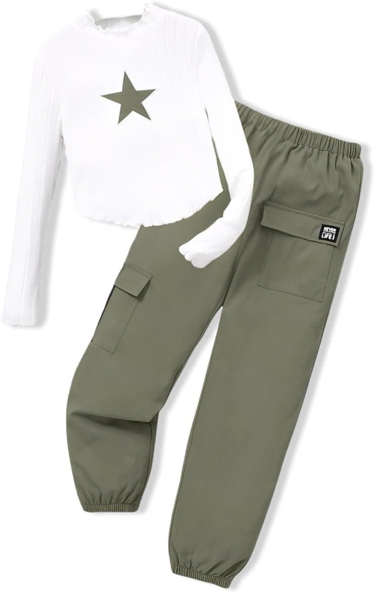 Girls Clothes 2 Piece Outfit Long Sleeve Crop Top + Cargo Pants, Tween Fall Clothing Set, Sizes 5-15 Years Green 9-10 Years - Image 2