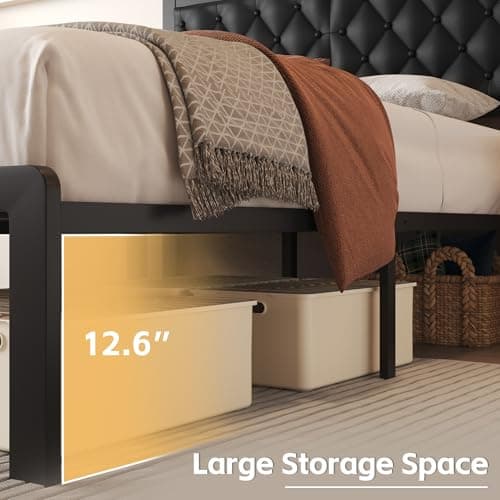 Fluest Queen Bed Frame with Headboard PU Leather Upholstered Bed Frame Platform,All Metal Slats Support Platform Bed Frame with Storage Space,Easy Assembly,Noise Free,No Box Spring Needed,Black - Image 5