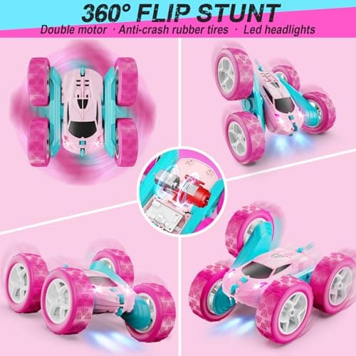 QUNREDA RC Cars, Pink Remote Control Car for Girls, 2.4 GHZ Double Sided RC Stunt Car 360° Rotating Remote Control Crawler with Headlights Car Toys for 6 7 8 9 10 11 12 Girls Birthday Gift - Image 4