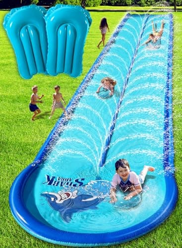 Slip and Water Slide for Kids and Adults Backyard 22ft with Extra-Large Inflatable Guard Rails and Dual Way Water Sprayers,Heavy Duty and Extra Long Design with Two Inflatable Bodyboards.