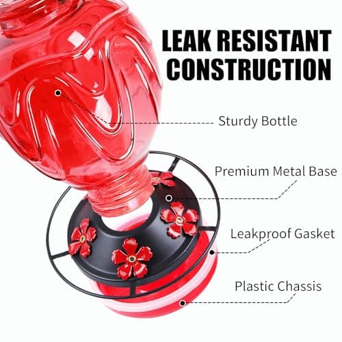 Glass Hummingbird Feeder for Outdoors Hanging, 24Ozs Humming Bird Nectar Feeder w/Perch, 5 Flower Feeding Ports, Leak Proof Base and Hook for Outside Garden Backyard Decor, Gifts for Women Mom, Red - Image 3