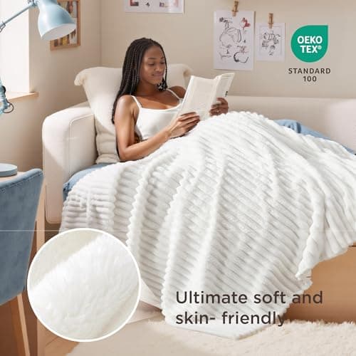 Bedsure GentleSoft White Throw Blanket for Couch - Cozy Blanket for Women, Cute Fleece Throws for Girls Sofa Couch Cover, Birthday Gifts for Women, Room Fall Halloween Decor, Off White, 50x60 Inches - Image 4
