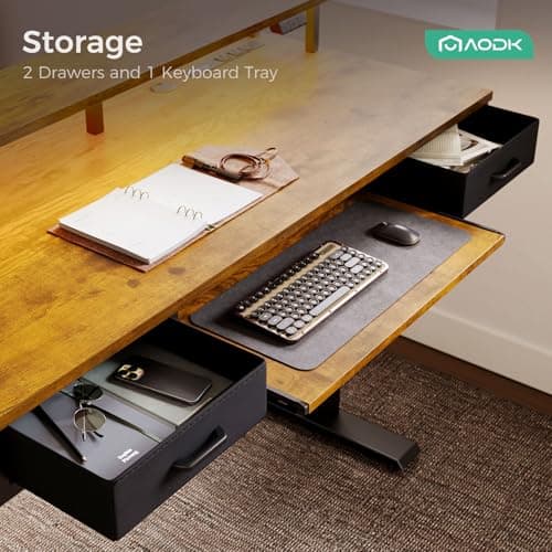 AODK Electric Standing Desk with Drawers & Keyboard Tray, 55 Inch Height Adjustable Gaming Desk with Power Outlets & LED Lights, Sit Stand Table with Monitor Stand for Home, Office, Rustic Brown - Image 7