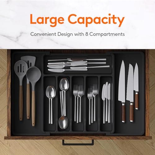 Lifewit Large Silverware Drawer Organizer, Expandable Utensil Tray for Kitchen, BPA Free Flatware and Cutlery Holder, Adjustable Plastic Storage for Spoons Forks Knives, Large, Black - Image 2