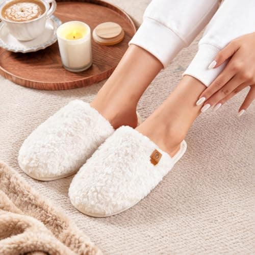 EverFoams Women's Fuzzy Slip-on Slippers Warm Cozy Soft Lightweight Memory Foam Indoor House Shoes Cream White, 7-8 US - Image 2